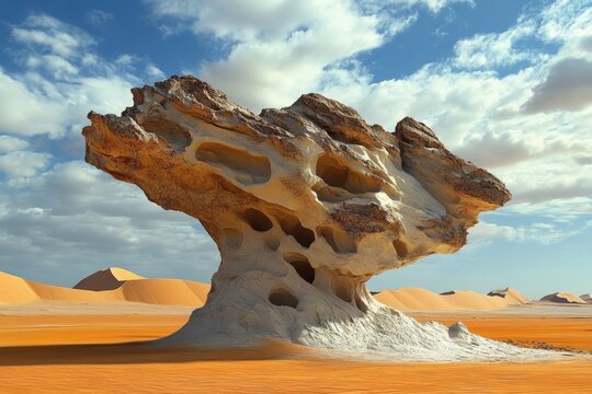 Unique rock formation in a desert landscape under a partly cloudy sky.  Eroded rock with holes and crevices.  Sand dunes in the background