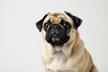 Single pug, looking directly at camera, pure white backdrop , portrait, wrinkles
