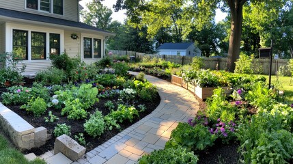 Lively Vegetable and Flower Garden Pathway Surrounding Home Exterior