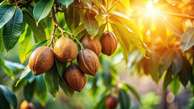 Shea nut pods hanging from Vitellaria paradoxa tree branches with sunlight filtering through the leaves , vitellaria paradoxa, nutty brown