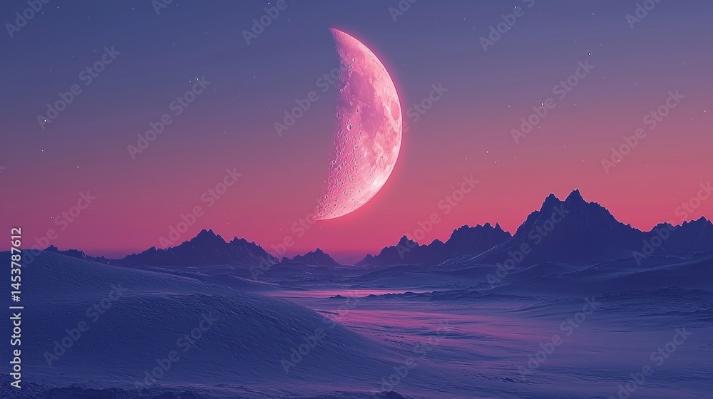 Poster a serene twilight landscape features a glowing crescent moon illuminating the rugged mountain range.
