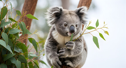 Fototapeta premium Fluffy Baby Koala Holding Eucalyptus Branch Isolated on White Background Delicate Paws Swaying Leaves Bright Natural Daylight Close Up Animal Theme Clip Art For Koala Day