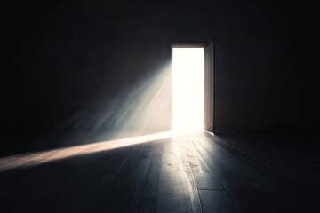 Open door to a bright, radiant light in a dark room.  Sunlight streams in