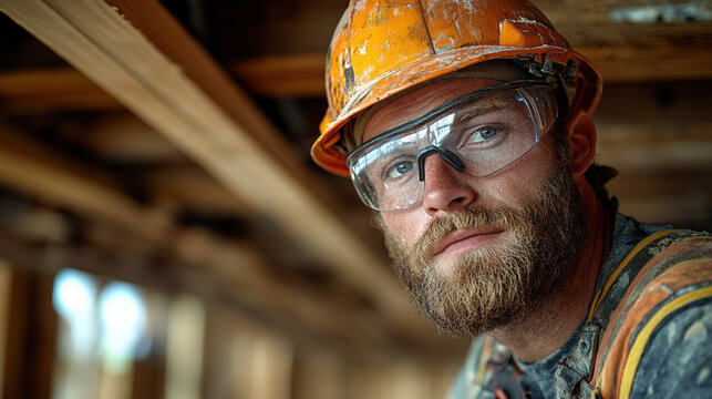 Close-up portrait of a bearded construction worker wearing a hard hat and safety glasses, amidst a wood-framed building under construction
