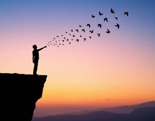 Silhouette man releasing birds at sunset on cliff edge concept of freedom and letting go illustration mental health