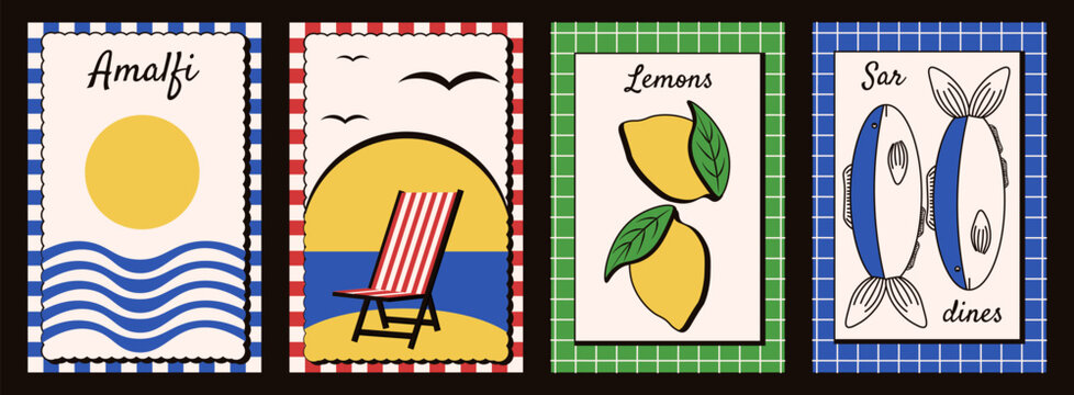 Perfect Italy Amalfi poster cover template design. Italian dolce vita vector illustration theme for Summer background card print with sardines lemons beach EPS 10
