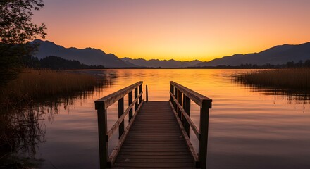 Fototapeta premium Serene Sunset over Mountain Lake with Wooden Dock: A Peaceful Evening Landscape