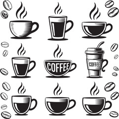 Obraz premium Black and White Coffee Cup Art – Steaming Espresso Trio Illustration