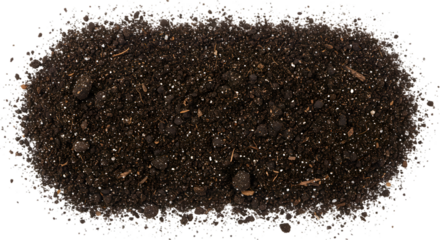 A close up shot showcasing a pile of dark soil with visible small particles and organic matter texture