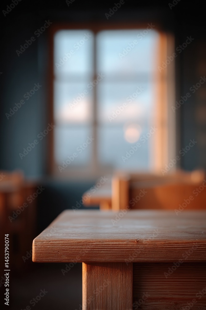 Poster minimalistic classroom interior of alternative school with blurred students in background and open w
