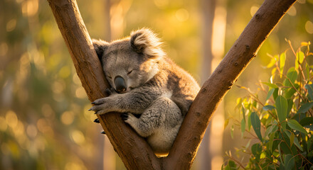 Obraz premium Serene Baby Koala Asleep in Eucalyptus Tree Fork Amidst Swaying Leaves Bathed in Warm Sunlight A Peaceful Wildlife Scene Perfect for Decoration and Conservation Themes