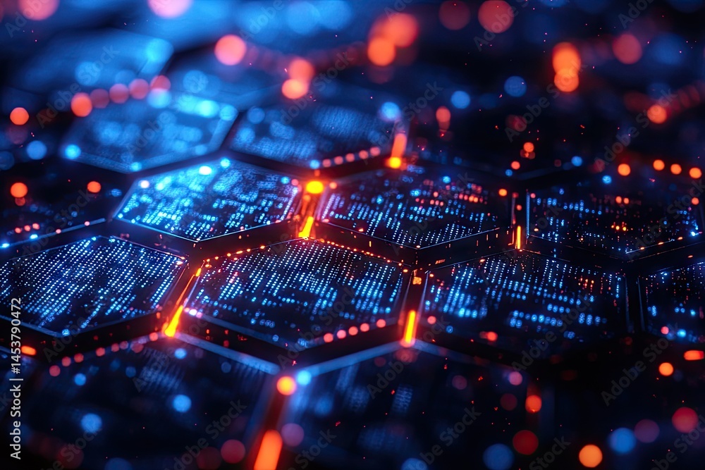 Poster abstract digital honeycomb pattern with glowing lines.