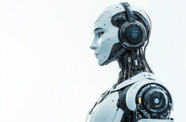 Futuristic humanoid robot with headphones exploring artificial intelligence and technology