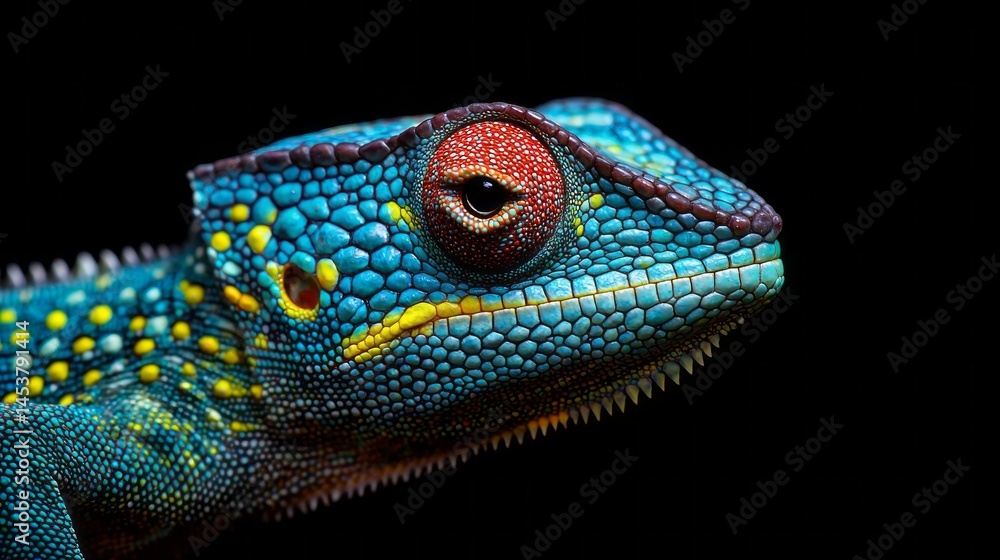 Poster The close-up captures a vividly colored gecko showcasing detailed textures and bright patterns against a contrasting dark background, revealing its unique features