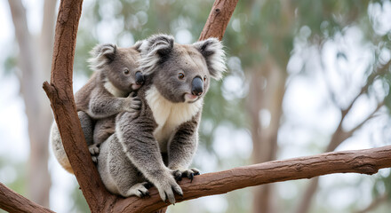 Heartwarming Koala Mother and Cub Embracing on Eucalyptus Branch with Curious Expressions in Natural Daylight Wildlife Scene Optimized for Adobe Stock Photo