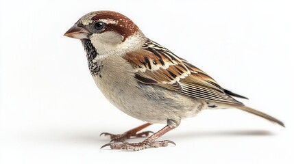 Sparrow perched gracefully on a plain background showcasing intricate feather patterns and vibrant colors of its plumage