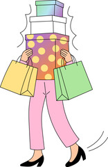 Woman Carrying Many Shopping Bags and Boxes. Vector Illustration