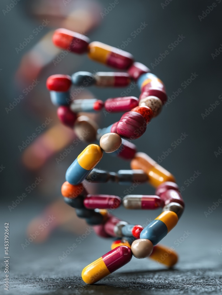 Poster colorful dna helix formed by linked pills and capsules showcasing the relationship between health an