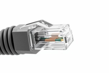 3D render of LAN internet cable in modern server room with white background, ideal for tech visuals.
