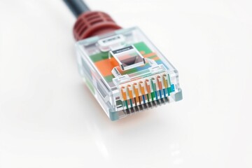 3D render of LAN internet cable in modern server room with white background, ideal for tech visuals.
