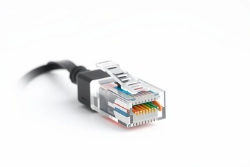 3D render of LAN internet cable in modern server room with white background, ideal for tech visuals.

