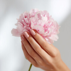 Female hands with elegant manicure gently holding a single pink peony, soft natural light, white background