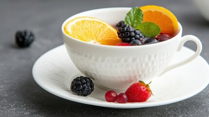 Orange slices float with berries in fruit tea, luxurious white cup and saucer add elegant health appeal