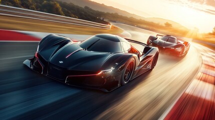 Two futuristic high-performance race cars on a track at sunset.  Dynamic motion blur conveys speed and excitement