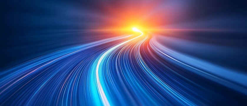 Luminous path with vibrant, curved blue streaks leading to bright orange light
