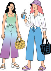 Two fashionable women with bags and drink enjoying summer shopping