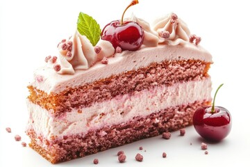 Delicious cherry cream cake slice with layers and decorative frosting on a white background