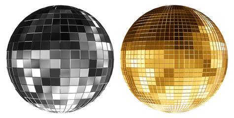 Stunning set of disco balls in chrome and gold colors, isolated on transparent background. Theme of vibrant dance parties and festive events. Reflective surfaces promise dazzling light displays. 3D.