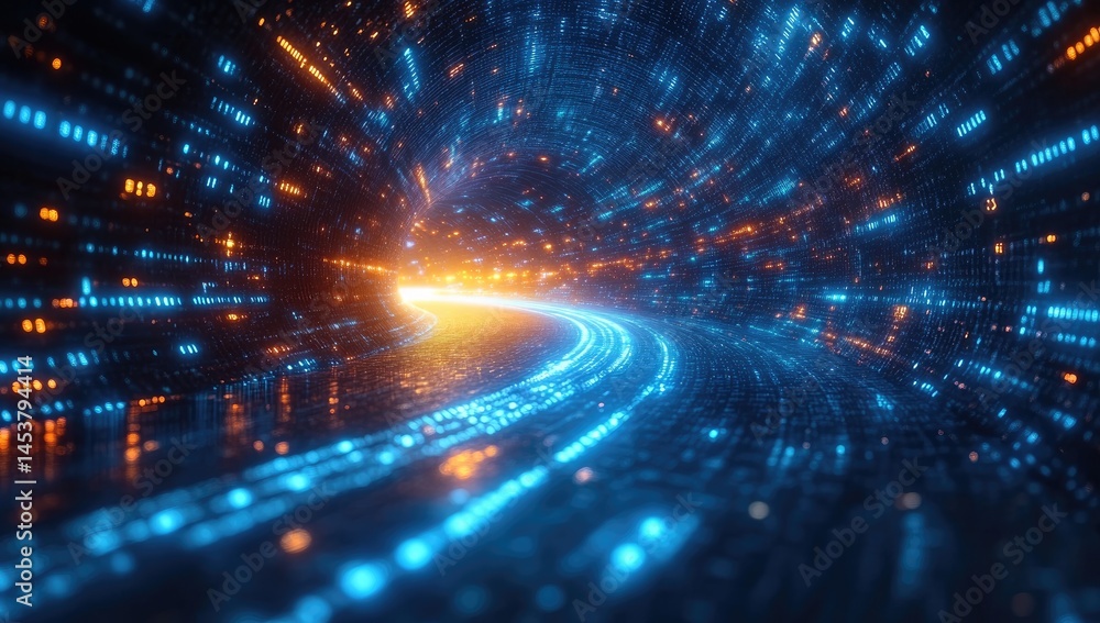 Aufkleber digital tunnel pathway with glowing light trails.