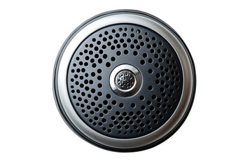 Close up of a sleek circular speaker grill with a perforated black surface silver rim and on transparent background