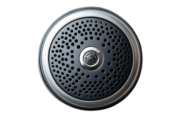 Close up of a sleek circular speaker grill with a perforated black surface silver rim and on transparent background