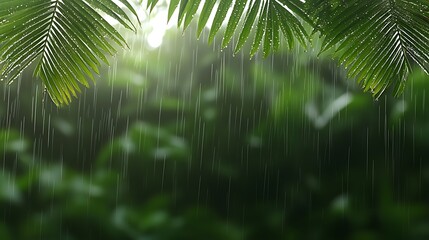 Lush foliage frames tropical rainfall; green foliage softly blurs