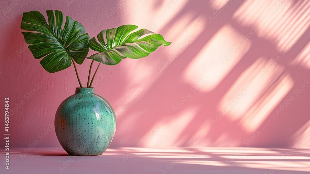 Poster A tranquil display features large green leaves arranged in a turquoise vase, set against a soft pink backdrop. Shadows from the leaves create delicate patterns on the surface