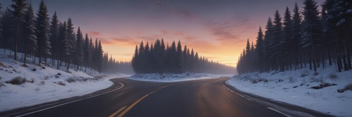 Asphalt road cuts through snowy forest, sunrise paints sky, stars gleam, astronomy, forest