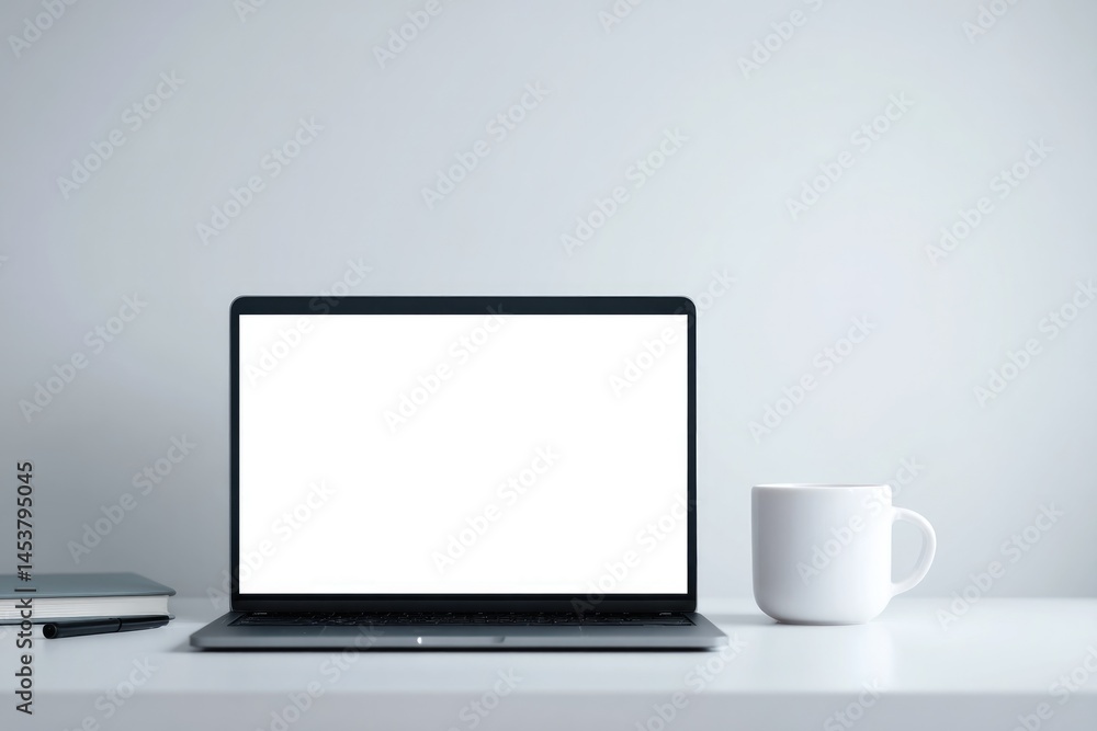 Poster minimalistic setup with laptop and camera on neat desk