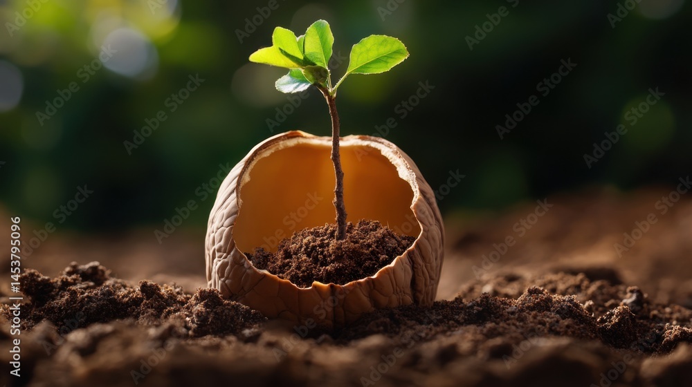 Poster tree emerging from walnut shell on soil background, representing new life and environmental hope