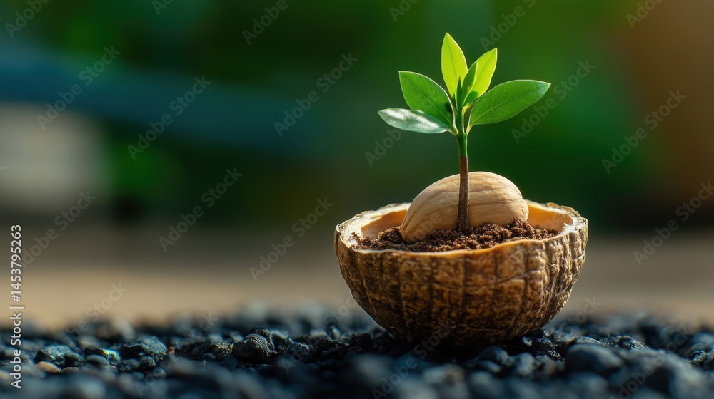 Poster tree sprouting from nutshell, symbol of big ideas coming from small beginnings