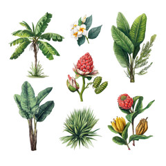 Tropical Plant Collection Featuring Exotic Flora Including Palm, Flower, Bamboo, Fern, and Beautiful Colorful Leaves for Nature Design Projects