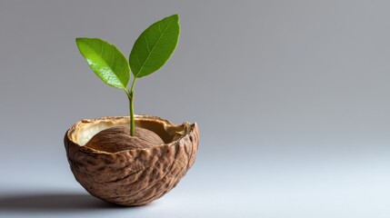 Walnut shell cradling a leafy sapling, ideal for Earth Day or small business startup concept