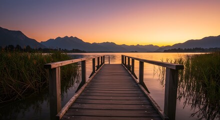 Serene Sunset over Mountain Lake: A Wooden Dock Extends into Tranquil Waters