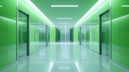 Obraz premium A spacious corridor features bright green walls and glass doors. Soft fluorescent lights illuminate the area, creating a sleek and contemporary environment ideal for various activities