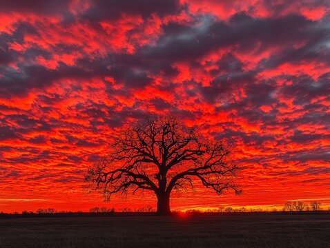 Striking silhouette of a bare tree against a vibrant, fiery red sky filled with textured clouds. Dramatic and captivating landscape