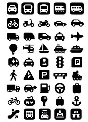 Transportation and Traffic Icons.transportation, traffic, car, bus, train, van, bicycle, scooter, motorcycle, taxi, plane, helicopter, balloon, sailboat, ship, ambulance, traffic light, parking, pedes