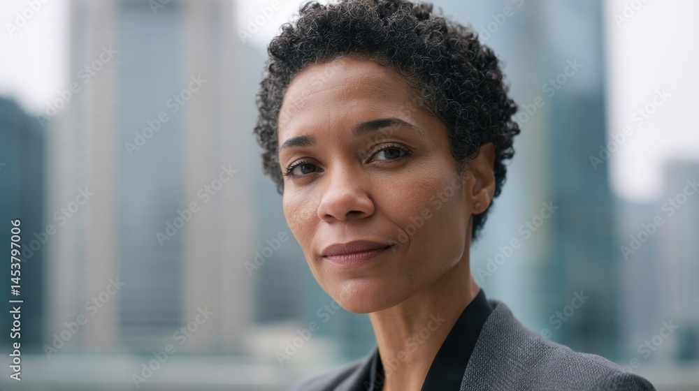 Poster portrait of person in urban professional setting with skyscrapers visible in background