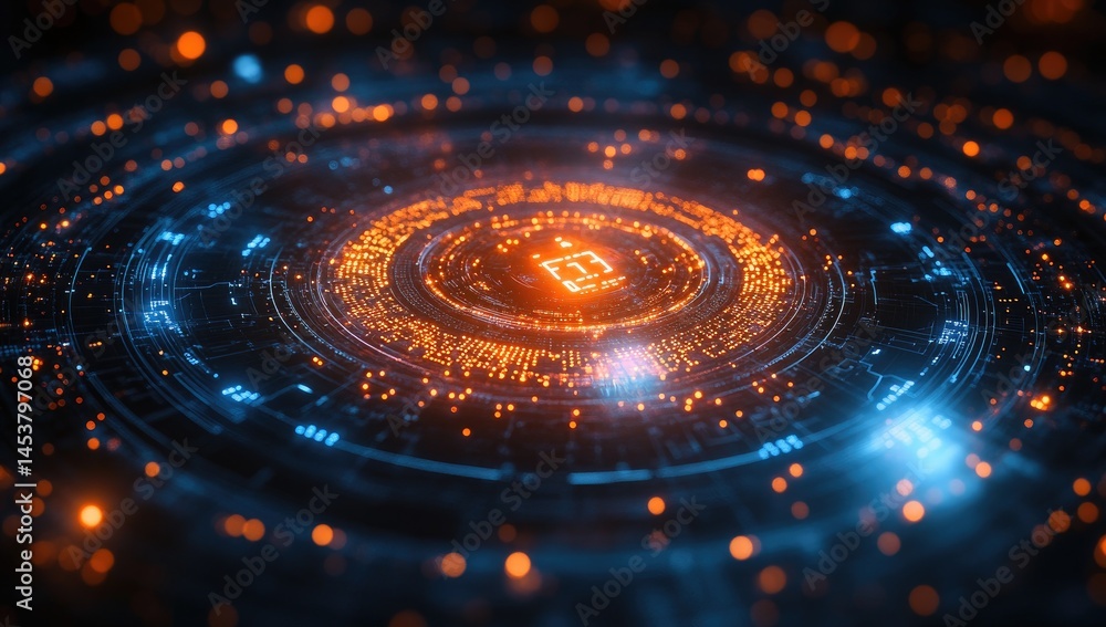 Poster abstract digital interface with glowing circles and light effects.