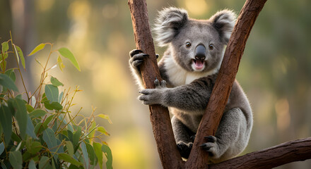 Obraz premium Baby Koala Joyfully Clinging to Eucalyptus Branch in Sun Drenched Grove Using 50mm Lens for Closeup Friendly Perspective with Leaves Gently Swaying in Blurred Background